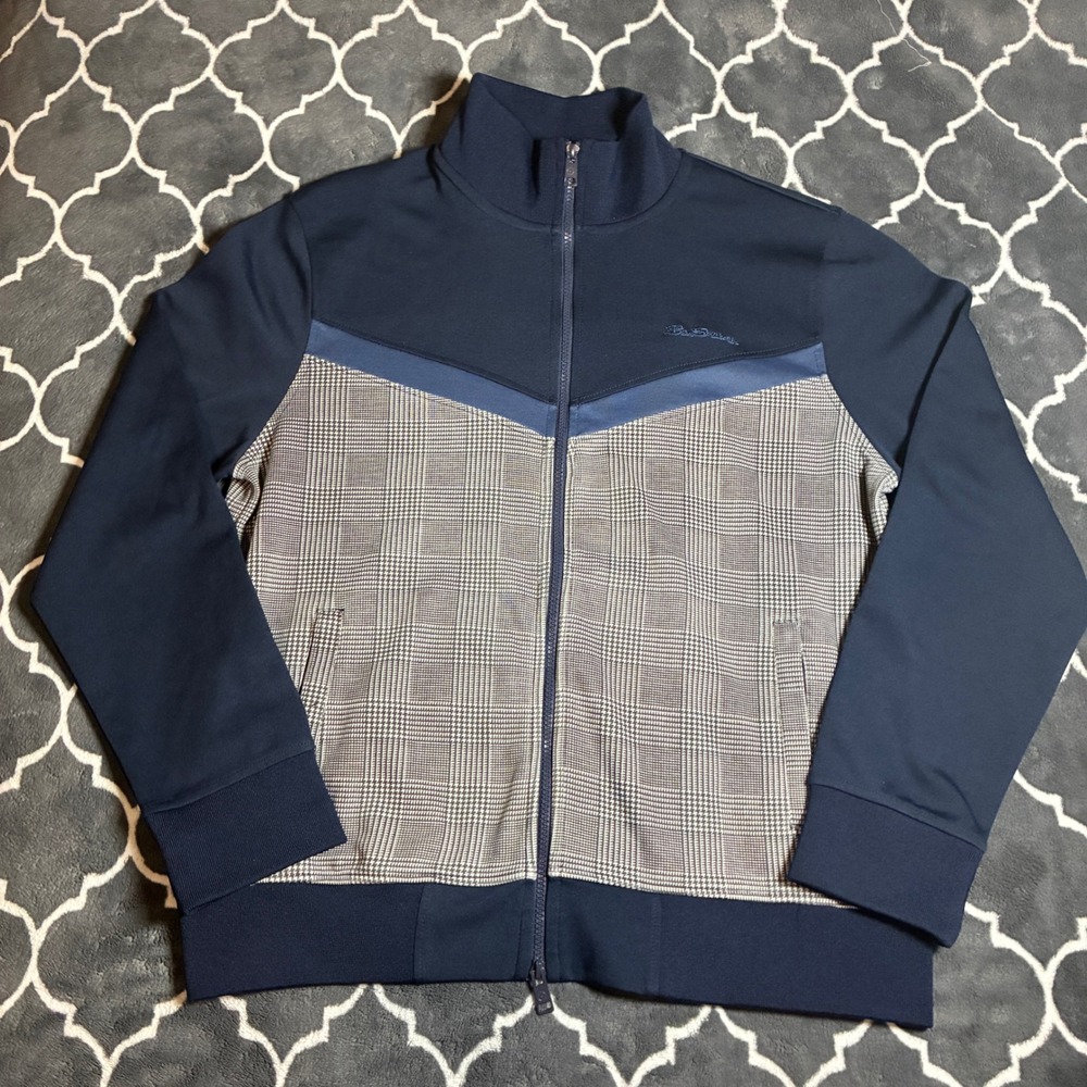 Ben Sherman Mens Large Navy Blue Plaid Full Zip Track Jacket Mod Chevron Grey L
